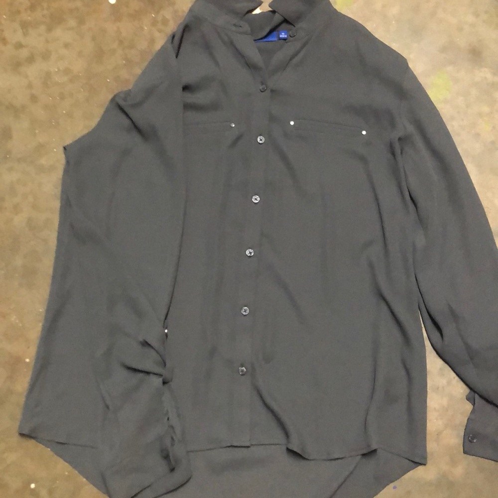 Gray button down shirt with button sleeves